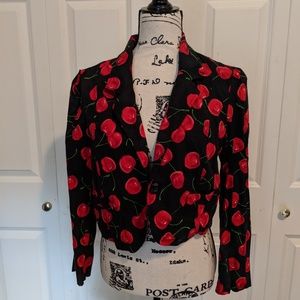 Cherry Print Black & Red Cropped Blazer Jacket
